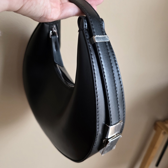 NWOT Black Faux Leather Crescent Moon Mini Hobo Style Bag - Picture 4 of 7